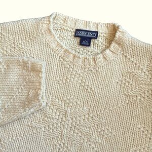 VTG 80s 90s Lands’ End Fisherman Wool Crewneck Sweater Ivory Snowflake USA Large